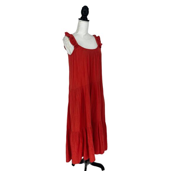 Xirena Rumer Scoop Neck Flutter Sleeve Gauze Tiered Midi Dress in Paprika - Picture 9 of 14